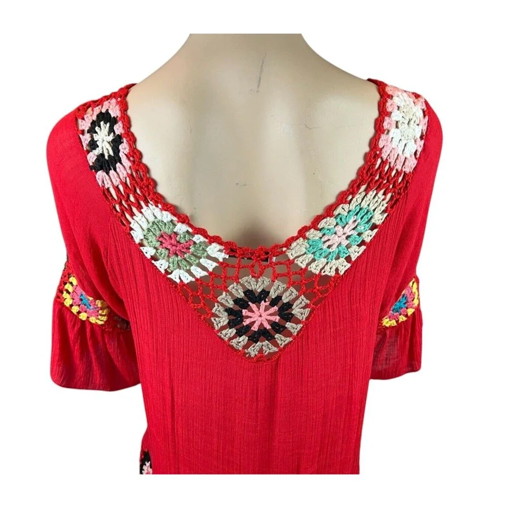 Dasayo Boho V-Neck Red Crochet Trim Swim Cover-up Size M Boho Grandmacore